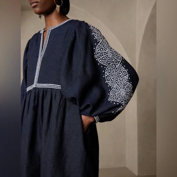 Banana Republic BoHo Lagenlook Indigo YARA EMBROIDERED LINEN MINI DRESS L  NWT